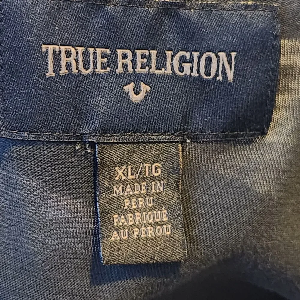 True Religion Pima Cotton Henley Shirt Mens XL Black Long Sleeve Contrast Stitch